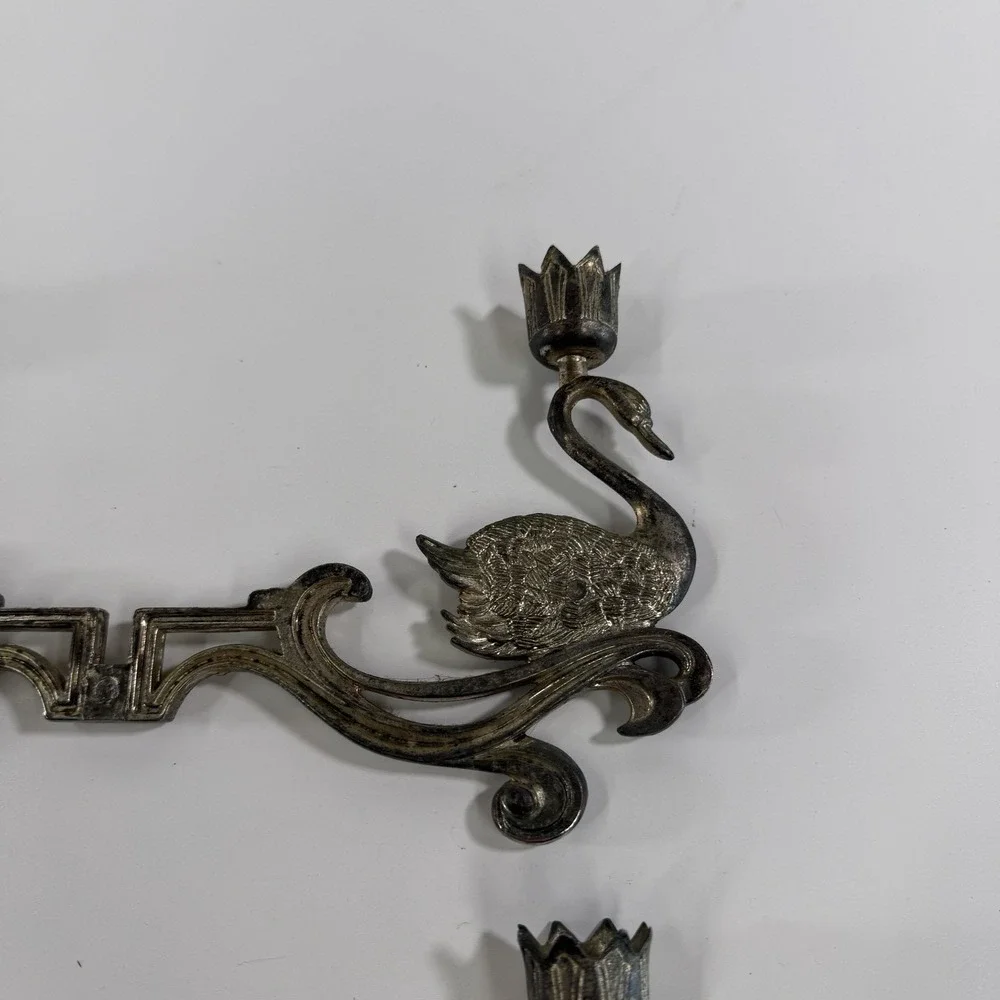 Vintage Silver Plated Swan Candle Stick Holder Wall Mounted Ornate Set Of 2